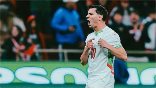 Brahím Díaz, meio-campista do Real Madrid-ESP, comemora gol marcado pela Seleção Marroquina