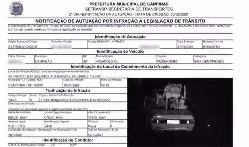 Foto mostra multa aplicada em Campinas (SP)