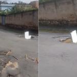 Moradores reclamam que chuva levou asfalto e deixou crateras em rua de Ribeirão das Neves
