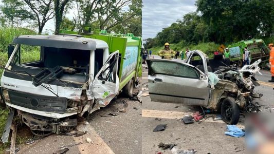 Acidente entre carros e caminhão deixa um morto e veículo destruído na MG-050