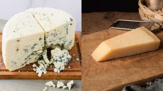 Queijos gorgonzola e parmesão