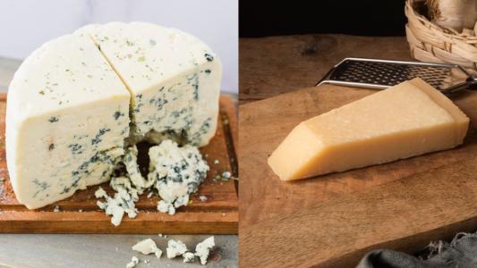 Queijos gorgonzola e parmesão