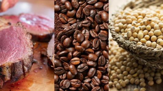 Com carne bovina, café e soja