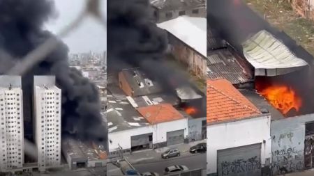 Incêndio de grandes proporções atinge galpão no Brás, em SP