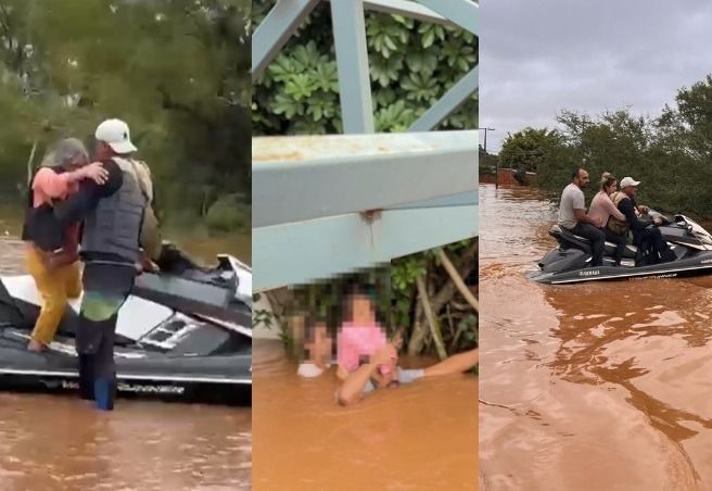 Veja imagens de atos heroicos em meio ao resgate na chuva do Rio Grande do Sul