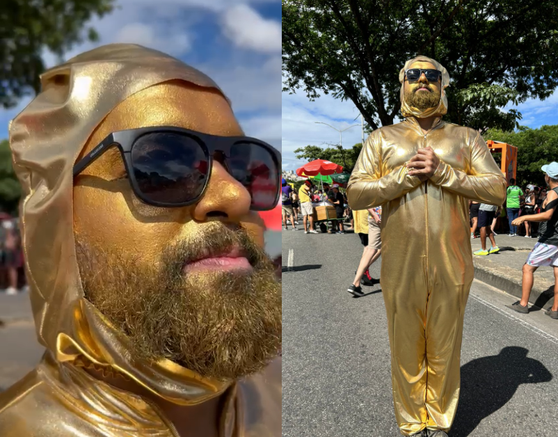Carnaval de BH: folião vestido de estatueta dourada compõe torcida pelo Oscar em meio à folia