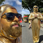 Carnaval de BH: folião vestido de estatueta dourada compõe torcida pelo Oscar em meio à folia