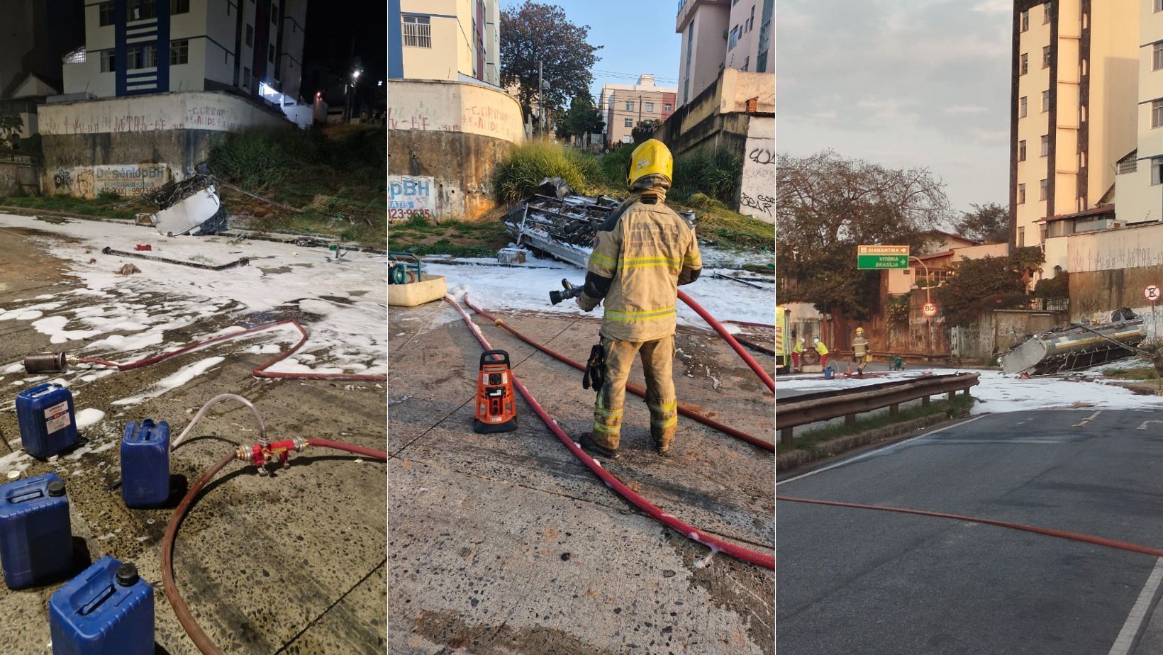 Veja fotos de caminhão-tanque com combustível que tombou e fecha a Via Expressa