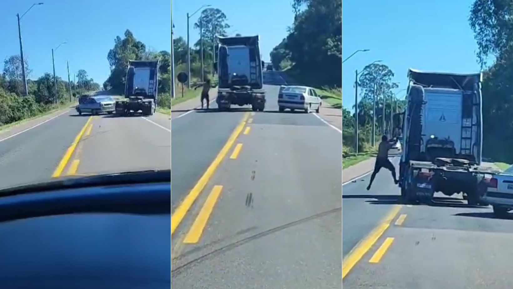 Vídeo: caminhão arrasta carro e motorista se pendura na janela para agredir caminhoneiro em BR
