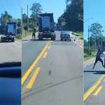 Vídeo: caminhão arrasta carro e motorista se pendura na janela para agredir caminhoneiro em BR