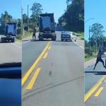 Vídeo: caminhão arrasta carro e motorista se pendura na janela para agredir caminhoneiro em BR