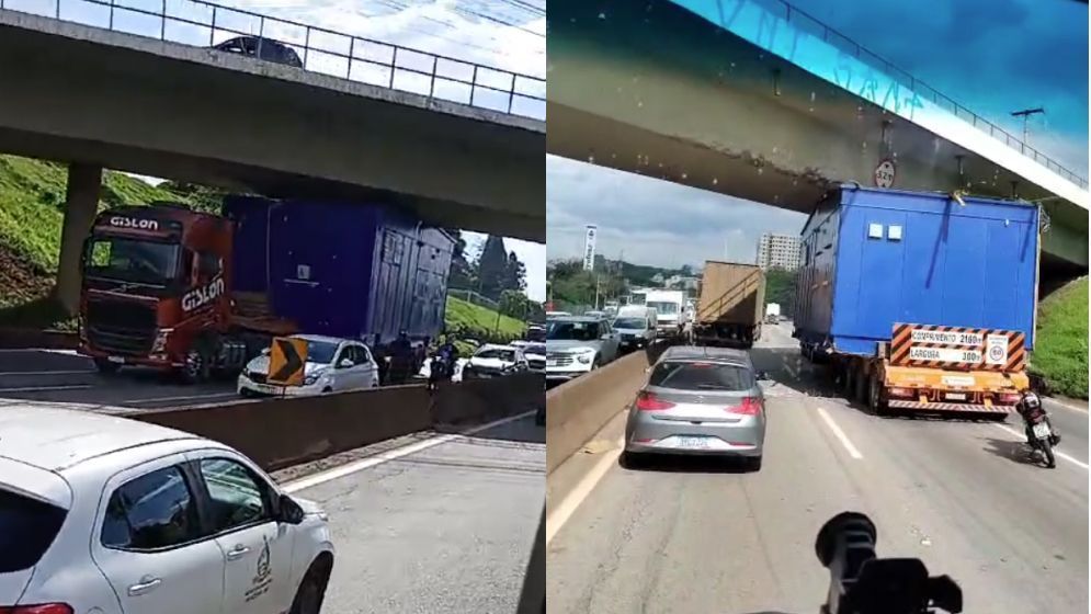 Vídeo: carreta com carga excedente 'entala' em viaduto na Rodovia Fernão Dias em Contagem