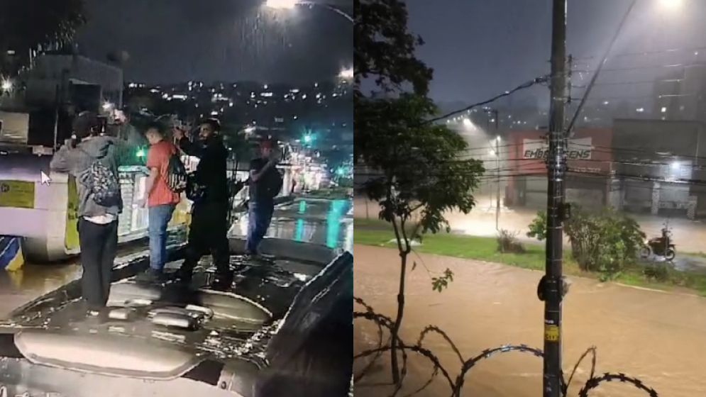 Vídeo: passageiros sobem no teto de ônibus durante alagamento na Av. Vilarinho, em BH