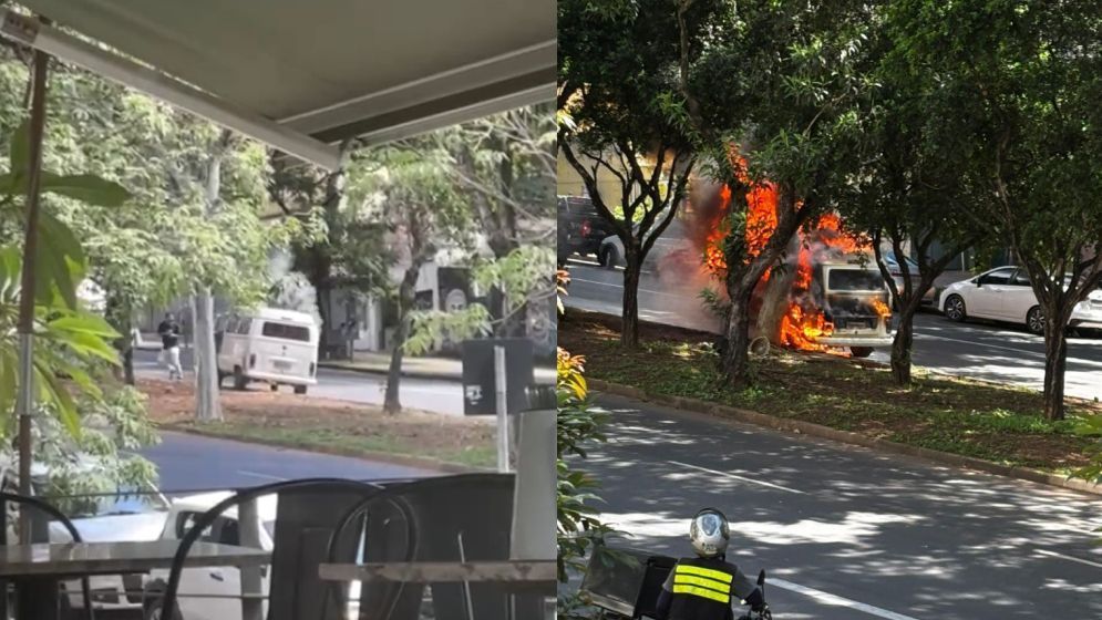 Veja imagens do momento em que Kombi pega fogo e explode na Av. Afonso Pena, em BH