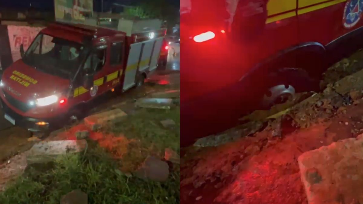 Vídeo: viatura dos bombeiros 'atola' em buraco durante inundação em Contagem