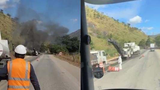 Máquina de pavimentação pega fogo durante recapeamento e complica o trânsito na BR-381 em Minas