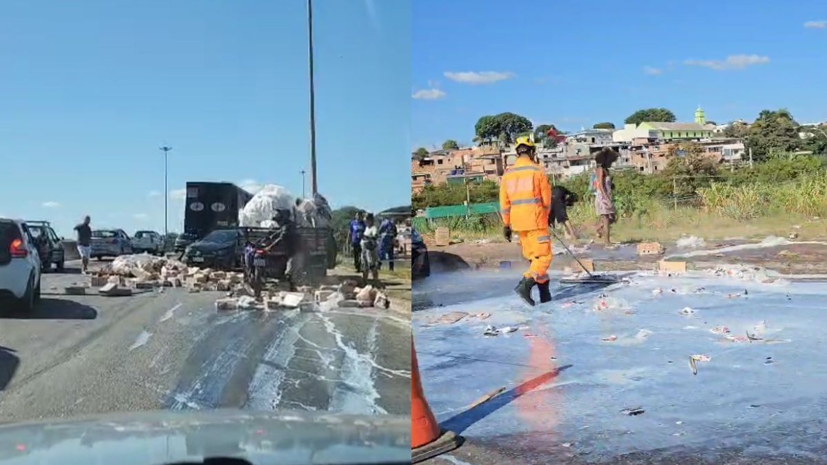 Caminhoneiro autoriza população a pegar carga de leite após acidente no Anel Rodoviário, em BH