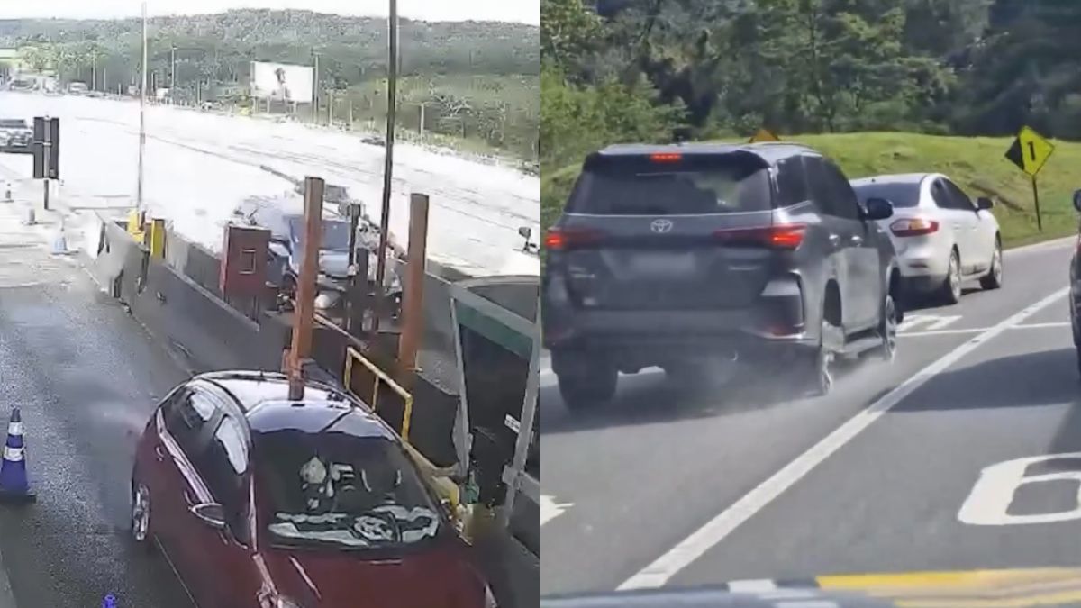 Vídeo: motorista perseguido pela PRF 'atropela' cancelas de pedágio, fura 2 pneus, abandona carro e foge pela mata