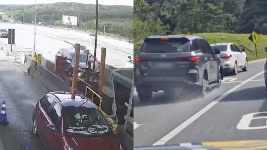 Motorista perseguido pela PRF 'atropela' cancelas de pedágio, fura 2 pneus, abandona carro e foge pela mata