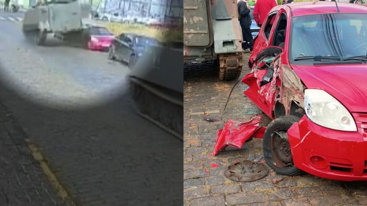 Vídeo: na contramão, tanque do Exército passa por cima de carro estacionado na rua