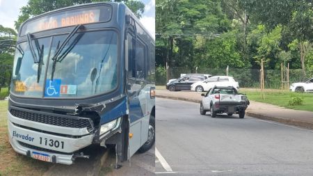 Passageira fica ferida em acidente entre ônibus e picape em frente à UFMG, em BH