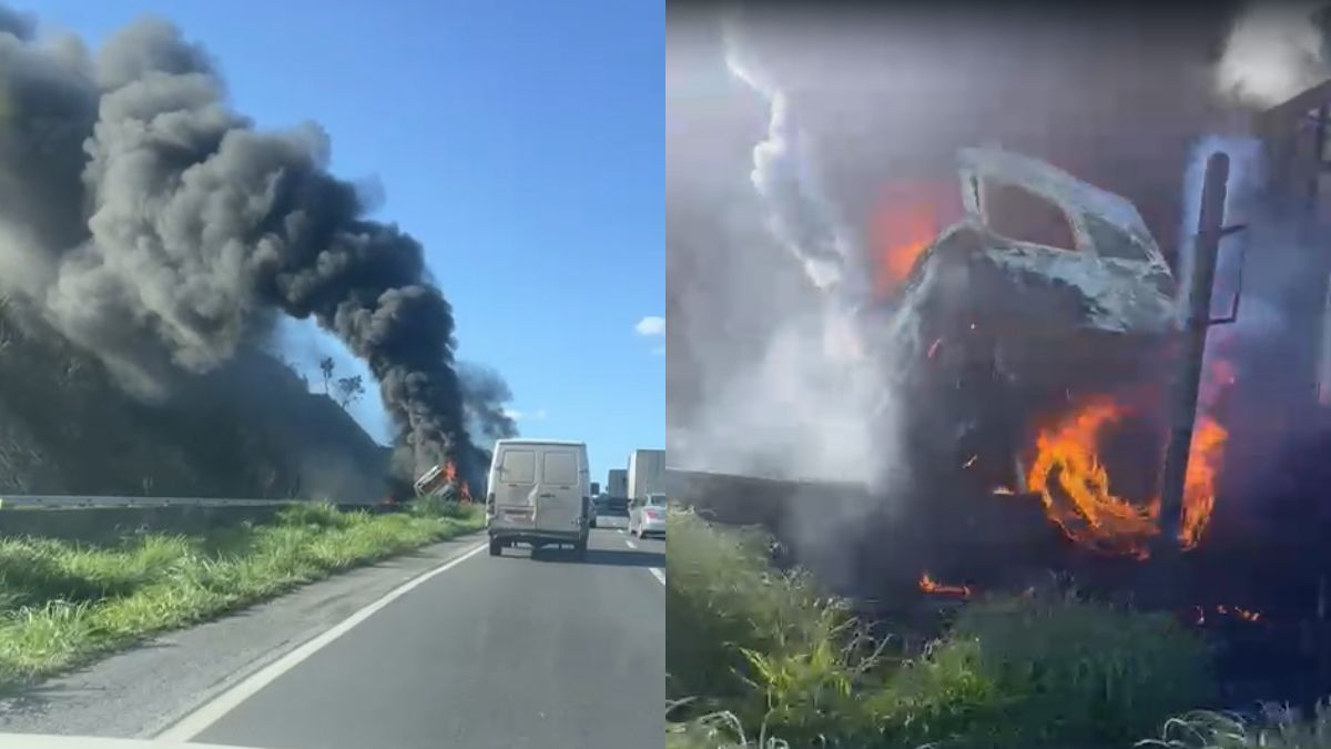 Vídeo: caminhão pega fogo e complica o trânsito na BR-040 em Esmeraldas, na Grande BH