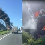 Vídeo: caminhão pega fogo e complica o trânsito na BR-040 em Esmeraldas, na Grande BH