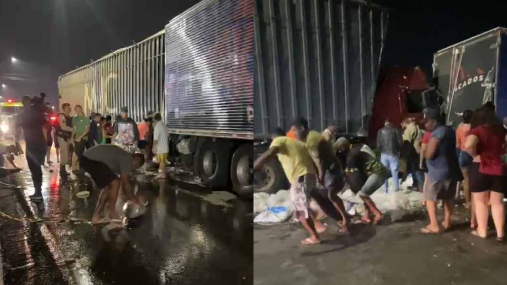 Vídeo: população 'briga' para pegar carga de atum de caminhão envolvido em acidente na Grande BH