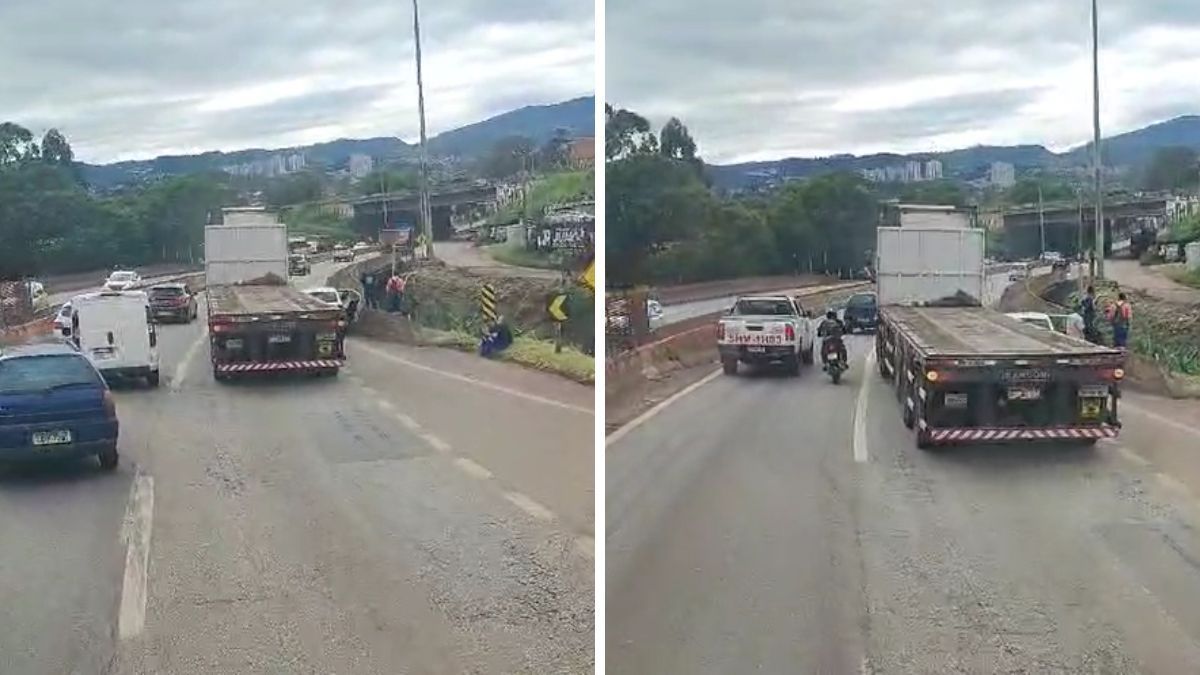 Carro é prensado por carreta em mureta de concreto no Anel Rodoviário de BH; vídeo