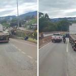 Carro é prensado por carreta em mureta de concreto no Anel Rodoviário de BH; vídeo
