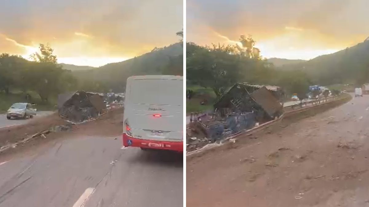 Carreta tomba na Fernão Dias e fecha trânsito na Grande BH