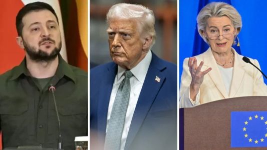 Presidentes da Ucrânia, Volodimir Zelensky, dos Estados Unidos, Donald Trump, e da União Europeia, Ursula von der Leyen