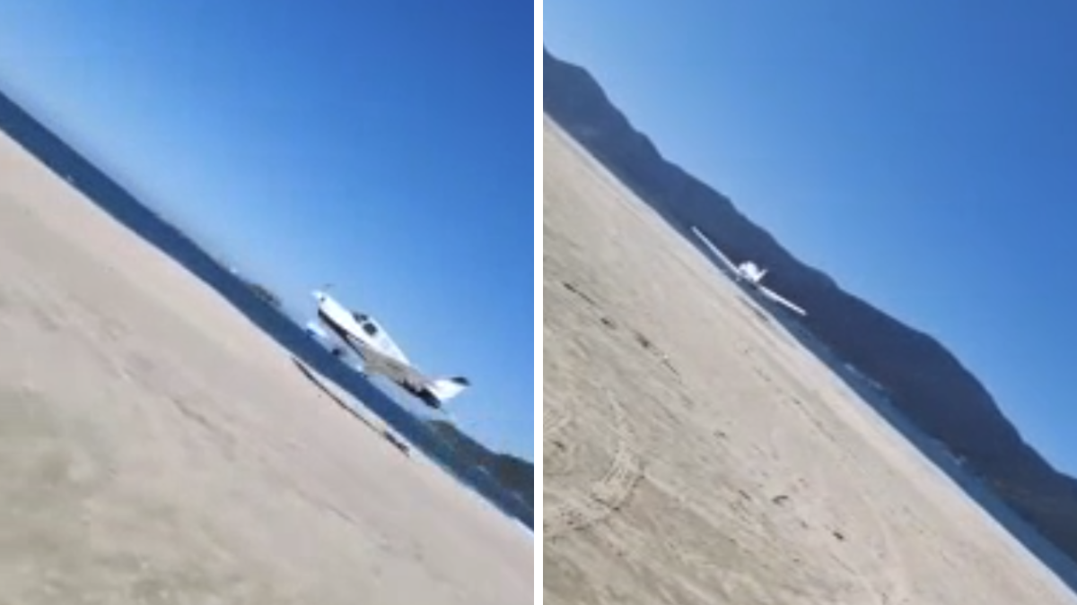 Vídeo: avião de pequeno porte realiza pouso de emergência em praia de SC