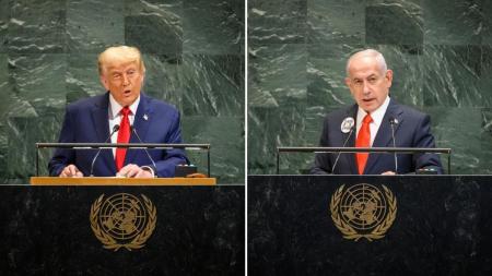 Donald Trump e Benjamin Netanyahu discursando na ONU