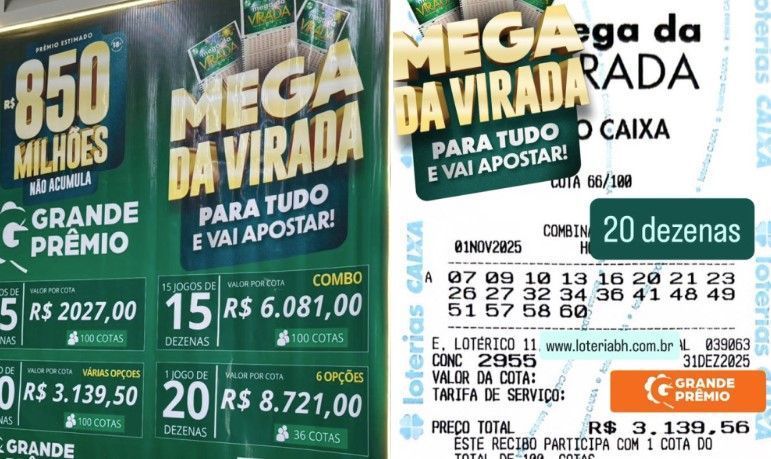 Mega da Virada de R$ 850 milhões: veja a chance de ganhar com jogo que custa R$ 232 mil