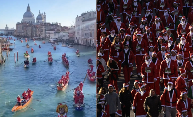 Vídeo: Papais Noéis invadem ruas de Madrid e desfilam em gôndolas em Veneza