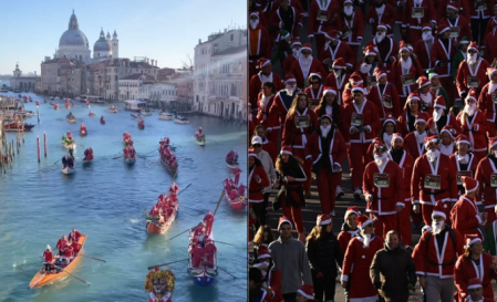 À esquerda papais noéis andam de gôndola em Veneza. À direita, pessoas vestidas de papai noel participam de corrida beneficente em madrid