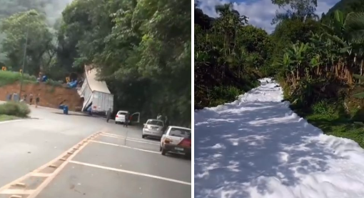 Vídeo: acidente com caminhão derrama produto químico em rio e pode causar falta d'água em SC