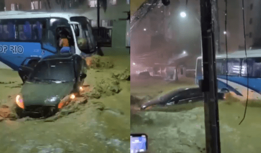 Carro aparece sendo arrastado pela enxurrada em Nova Iguaçu (RJ)