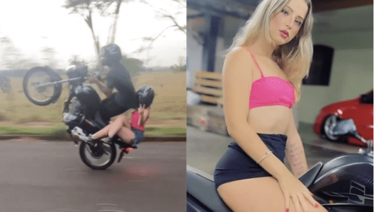 À esquerda, a suspeita (que é uma mulher branca, loira e de olhos azuis) está na garupa de uma moto empinada; à direita, ela está em cima da motocicleta, de blusa rosa