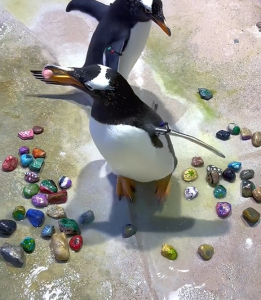 Dois pinguins rodeados de pedras preciosas