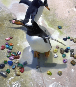 Dois pinguins rodeados de pedras preciosas