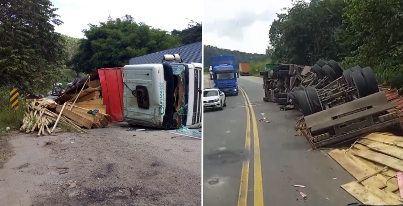 Vídeo: carreta carregada com madeira tomba e causa congestionamento na BR-381