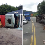 Vídeo: carreta carregada com madeira tomba e causa congestionamento na BR-381
