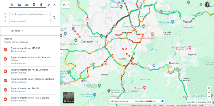 mapa de belo horizonte no google maps mostra congestionamento dia 2 de abril