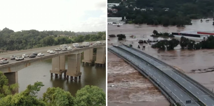 Chuvas no RS: veja o antes e depois de ponte que ficou quase submersa