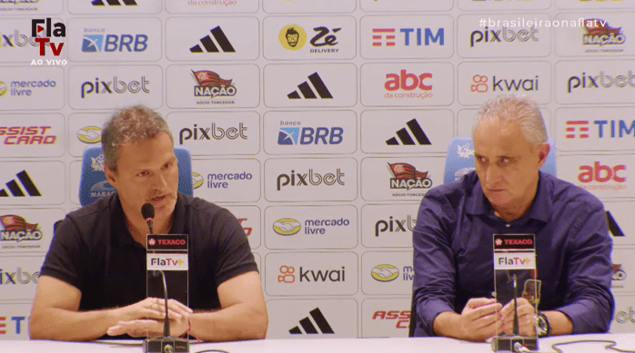 Bruno Spindel e Tite em entrevista no Maracanã após vitória do Flamengo