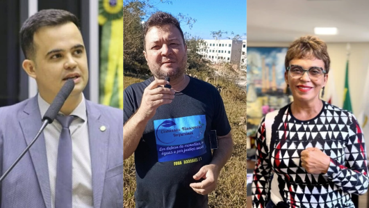 No canto esquerdo, Junio Amaral. Um homem branco, de cabelo preto, usa um terno roxo claro, com gravata da mesma cor, enquanto fala em um microfone. Ao centro, Gustavo Olímpio. Um homem branco, com cabelo