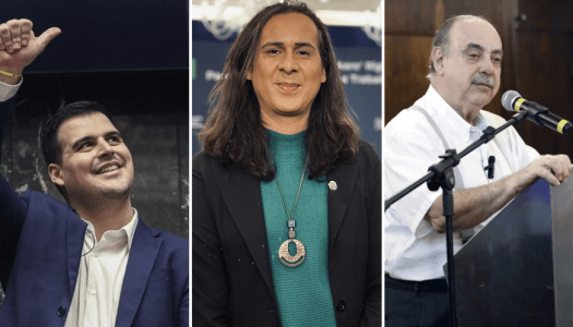 Na imagem, Bruno Engler (homem branco, com terno azul escuro e camisa social branca está sorrindo) no canto esquerdo. No centro, Duda Salabert (mulher, branca de cabelo castanho na altura do ombro, com blusa de gola alta verde e terno preto) e no canto direito, Fuad Noman (homem branco, de bigode e cabelos brancos, usa suspensório e camisa social).
