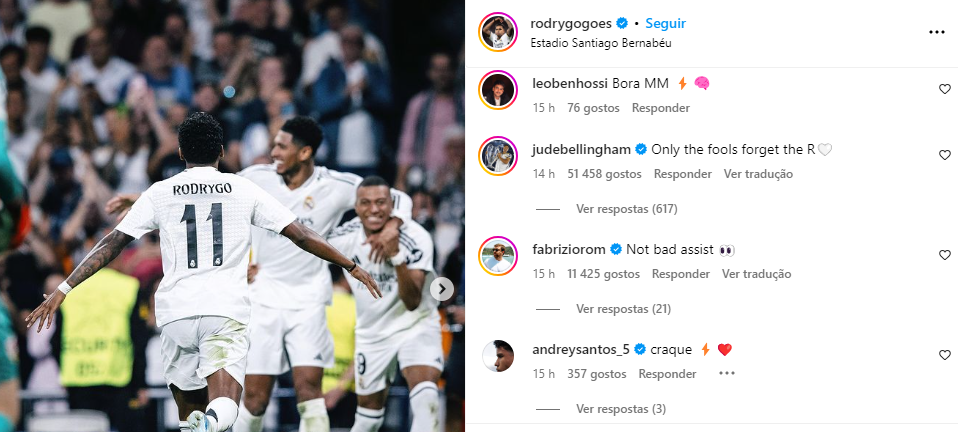 A reação inusitada de Bellingham em publicação de Rodrygo: 'Só os tolos esquecem'